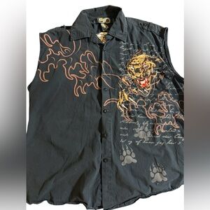 Vintange Men's Sleeveless Button Down Embroidered Tiger Shirt by EXA Jeans 2XL